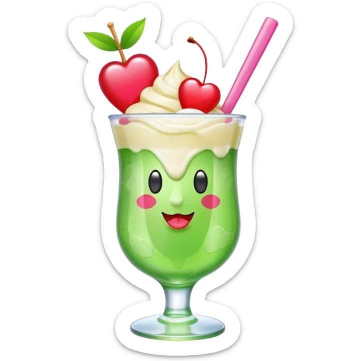 clear emoji-style of a green soda float with ice, vanilla ice cream scoop, two red cherries, pink heart-shaped straw, simple shapes, bright colors, glossy, kawaii style, centered, transparent background
 sticker
