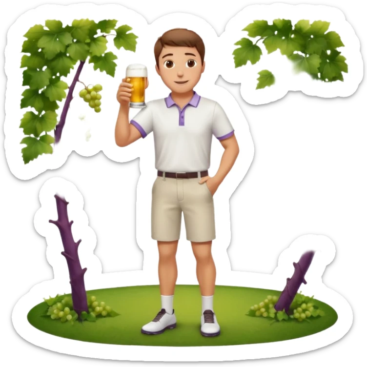 Handsome. Male. Happy. Brown short hair. Wearing white golf shirt and shorts. Drinking beer. Cheersing. Full body. Grape vines background  sticker