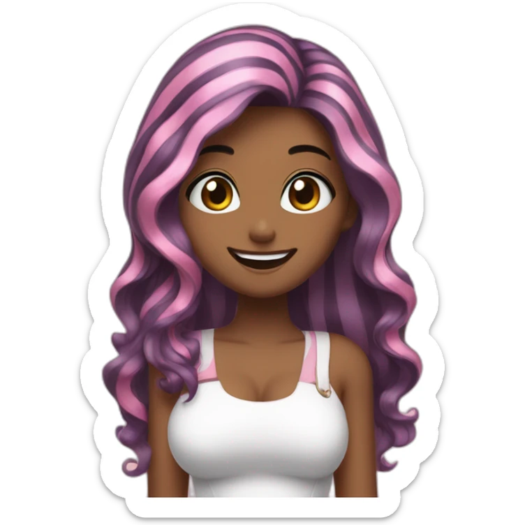 women with black Pink striped hair, a long long hair, pink eyes,korean, She raises a thumbs up, nervous, and smiles, She is wearing a short white dress, she is 18 years old  sticker