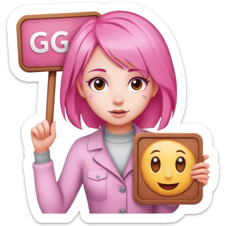 girl with pink hair, big sign, sign says GG sticker