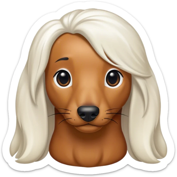 Sausage dog with long white hair a black eye and a few black spots sticker