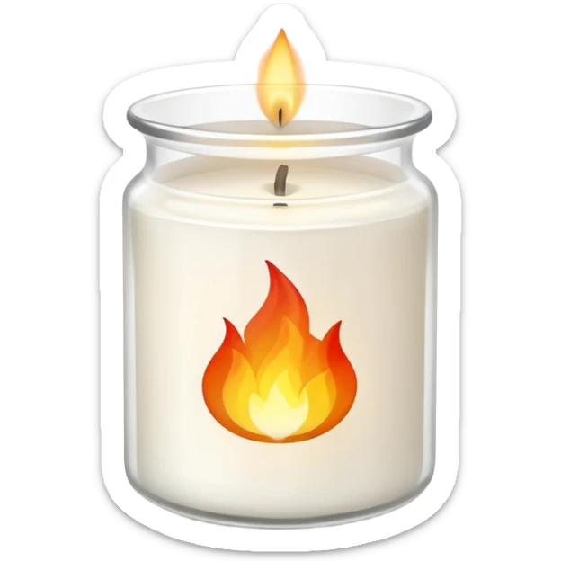 minimal flat emoji of a white scented candle in a glossy white glass jar with the label “cotton”, three visible flames, soft warm glow, clean vector style, elegant and modern, transparent background sticker