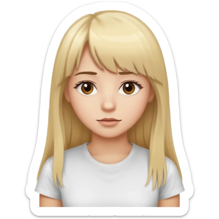Woman with long blond hair and bangs, brown eyes with eyelashes, white T-shirt, looking to the left sticker