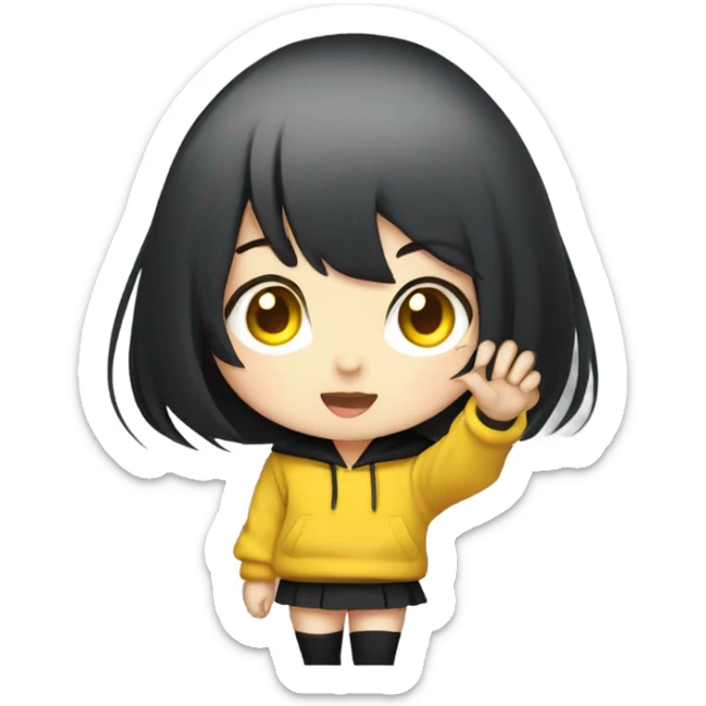 black short hair, yellow pupils, black hoodie, black short skirt, waving, chibi, anime sticker