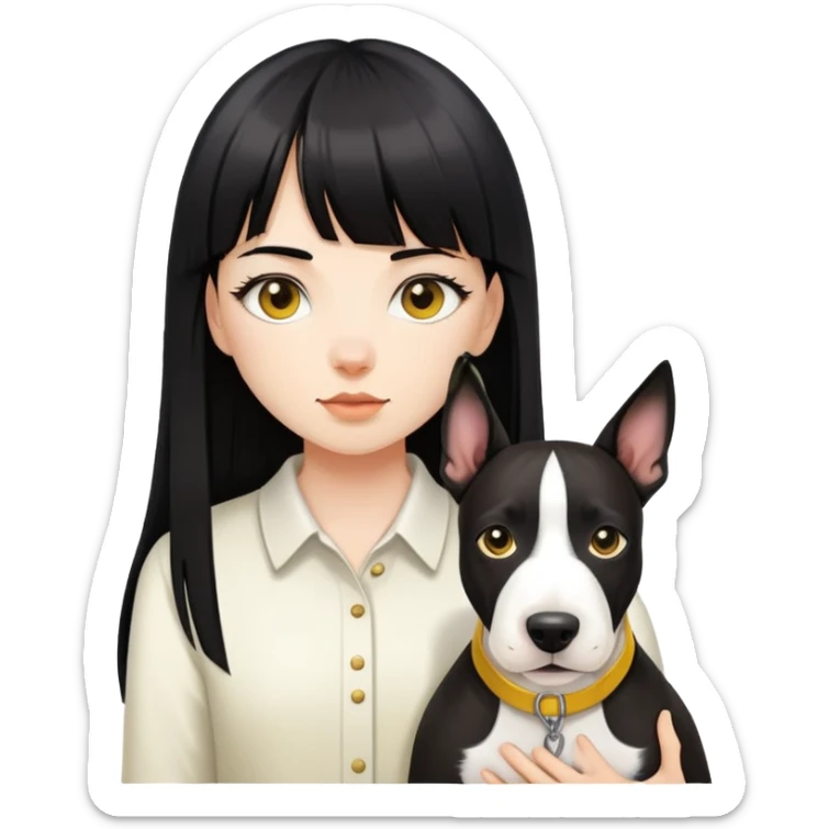 girl with long black  straight bangs hair and Springer and yellow bull terrier sticker