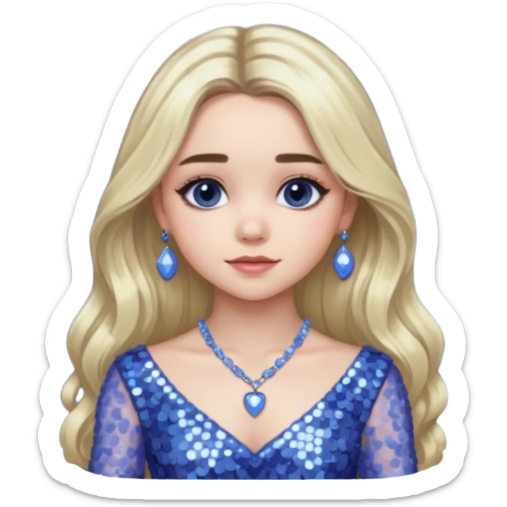 Sabrina Carpenter with long platinum blonde hair, periwinkle sequin dress and necklace sticker