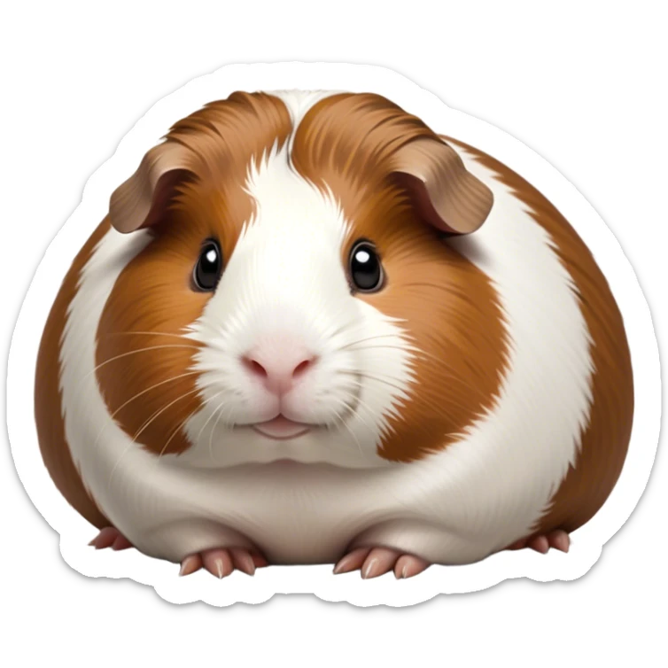 Cinematic Noble Brown and White Banded Guinea Pig Portrait Emoji, Poised and regal, with a compact, chubby build and a uniquely patterned fur of warm brown and crisp white banding, deep-set soulful dark eyes, Simplified yet sharp and sophisticated features, highly detailed, glowing with a soft, dignified glow, high shine, intelligent and charming, stylized with an air of distinctive elegance, focused and attentive, soft glowing outline, capturing the essence of a watchful and confident companion, so majestic it feels as though it could scurry out of the screen with effortless authority! sticker