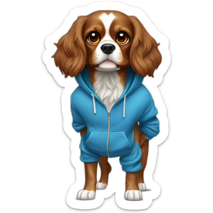 Fully Brown/golden, no white, cavalierk King Charles spaniel dog with blue hoodie on, over his head, happy, wagging tail, full body sticker