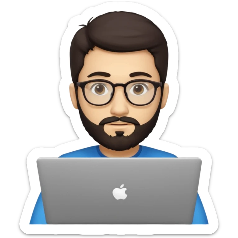 23 year old Azerbaijani man with very dark brown hair and beard with glasses and laptop , light yellow skin face, not european sticker
