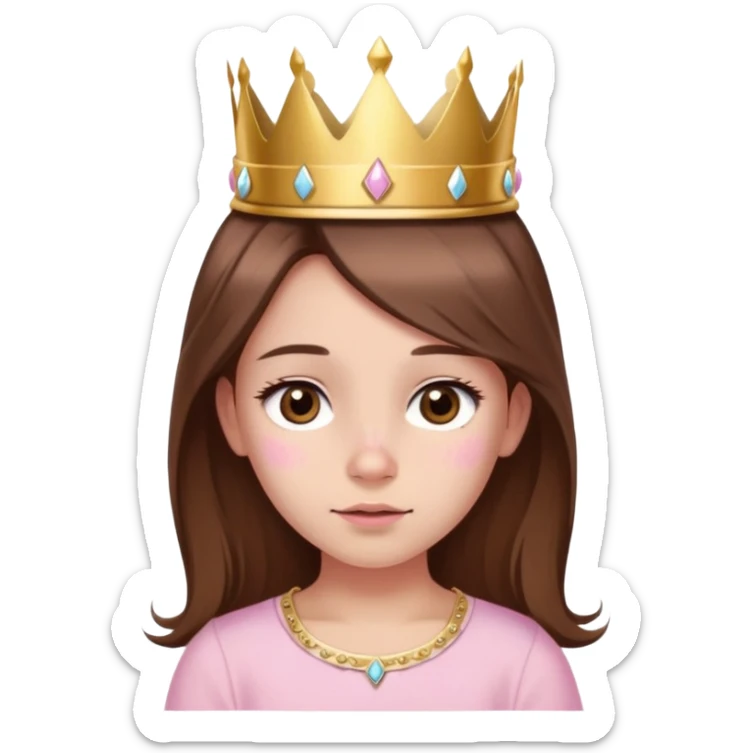 girl with long brown hair, brown eyes, baby pink top, gold crown on her head, small birthmark next to her nose on the left, birthday vibe sticker