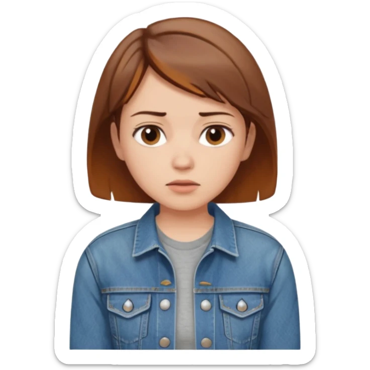 a woman with a brown short hair, looking at the left, worried, wearing a denim jacket, only upper body, high quality sticker