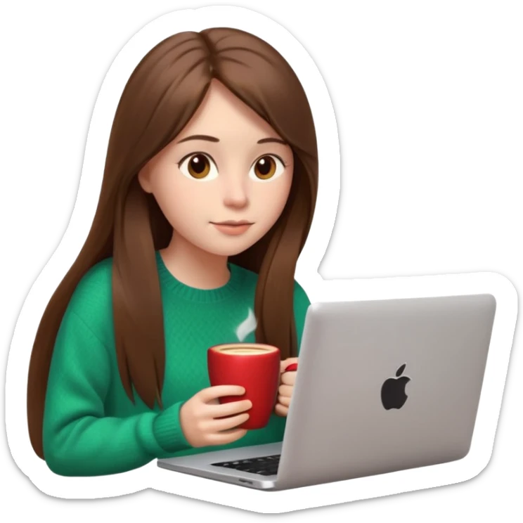 young woman, 20 years old, long straight brown hair, wearing a sweater, sipping coffee while looking at a laptop, relaxed mood, 3D Apple emoji style sticker