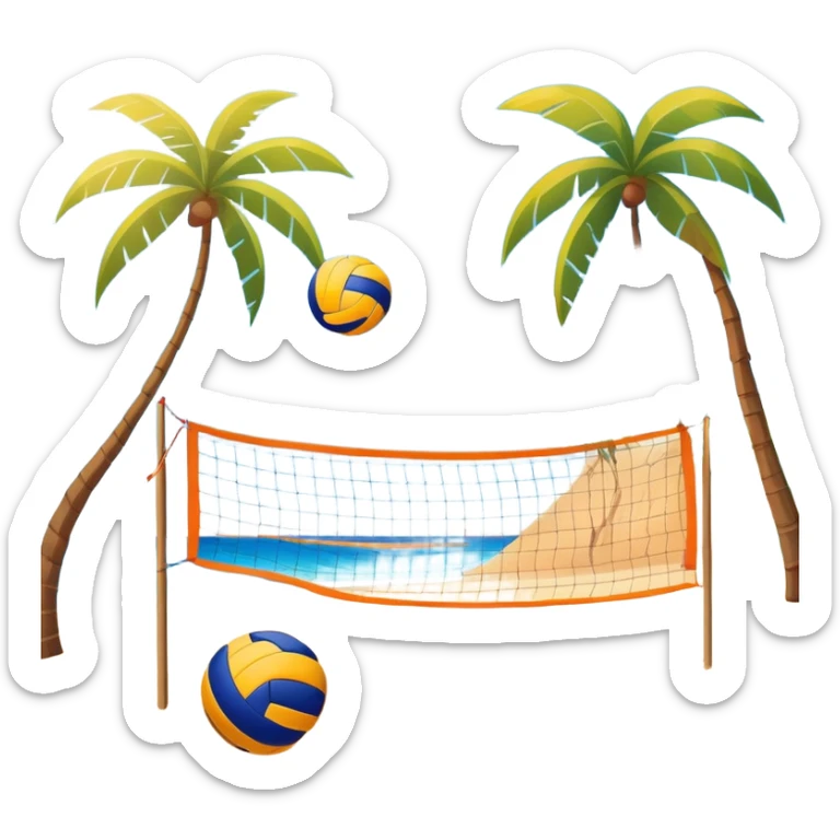 The scene captures a sunny beach atmosphere with clear blue sea and sky, palm trees swaying, and people in swimsuits enjoying the vibrant surroundings. A volleyball resting on the orange sand ground of a beach, with a volleyball net in the background.  sticker