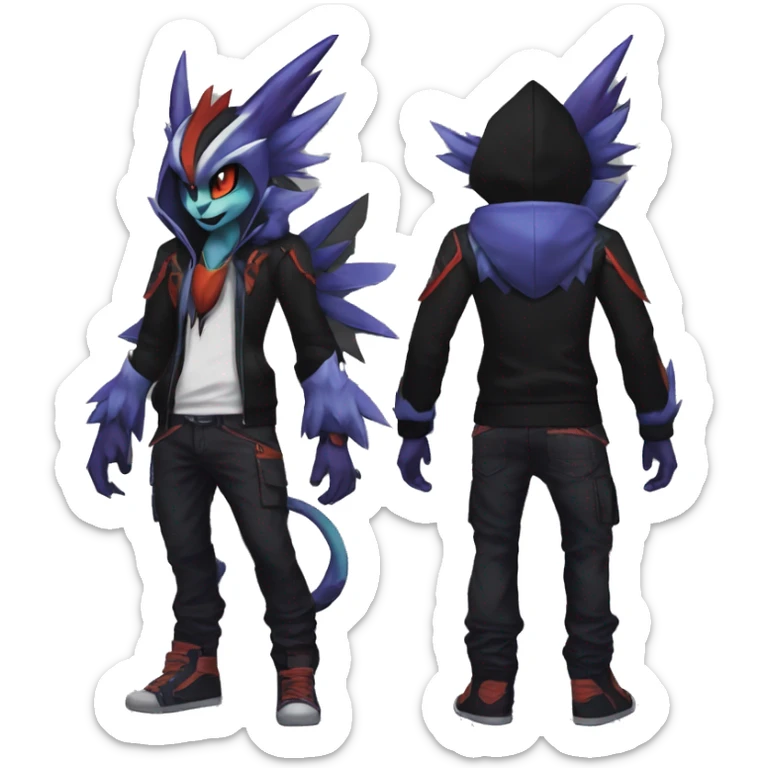 Cool Anthro Black Noivern-Absol-Litten-Pokémon with edgy stripes hoodie spiked collar punk Full Body sticker