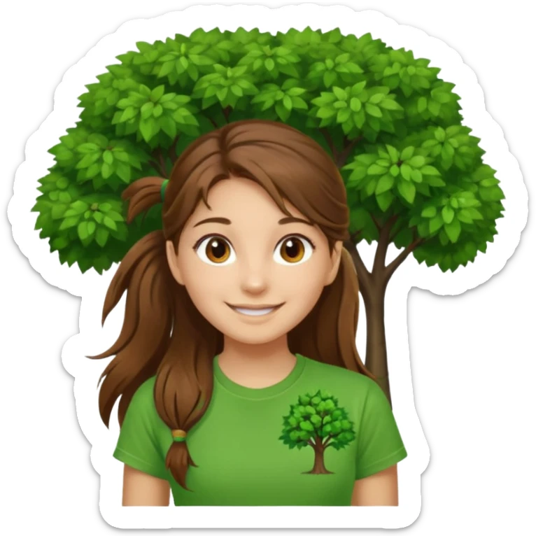 Make a zumba coach emoji, brown eyes, brown hair girl, long ponytail,green t shirt with a tree logo on It sticker