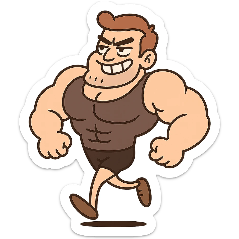 playful cartoon icon of a muscular person with tiny legs, skipping leg day sticker