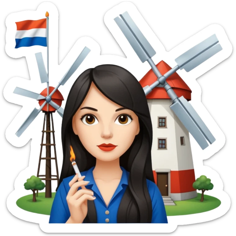 Windmill with on top ot the building a dutch flag and a white girl with dark long hair smoking a joint sticker