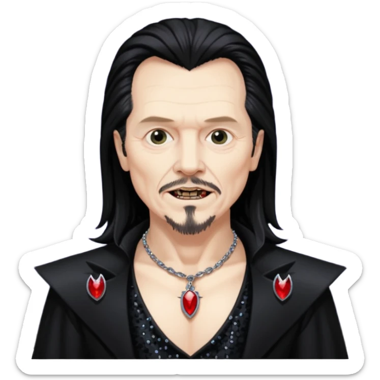 Gary Oldman as Dracula with long black hair, black sequin outfit, shirtless with necklace sticker