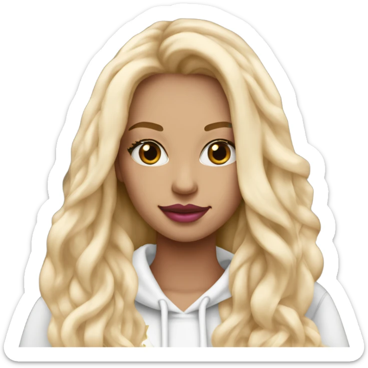 girl with long blonde hair extensions with pink lips and lashes with a Starbucks in her hand and a white hoodie on sticker