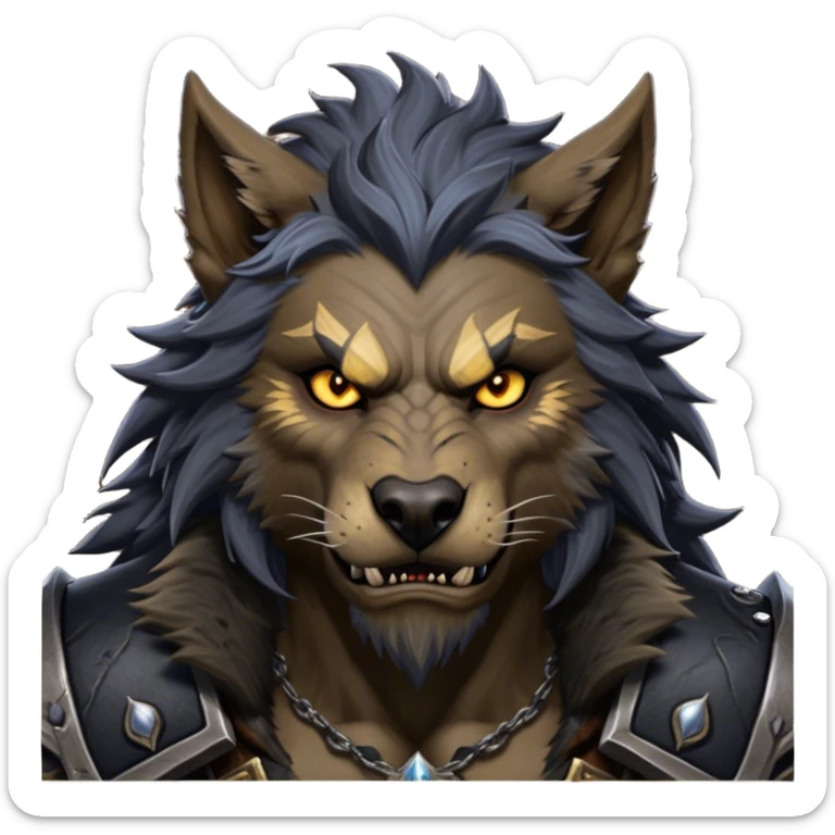 Cinematic Realistic WoW Worgen Portrait, depicted as a fearsome blend of man and beast, with rugged, dark fur intermingling with tanned, weathered skin. His piercing amber eyes and fierce expression are framed by disheveled hair and subtly detailed, worn leather attire in dark, consistent hues. Rendered with lifelike texture and dramatic, natural lighting, high shine, noble and formidable, capturing the primal nobility of a legendary worgen warrior. sticker