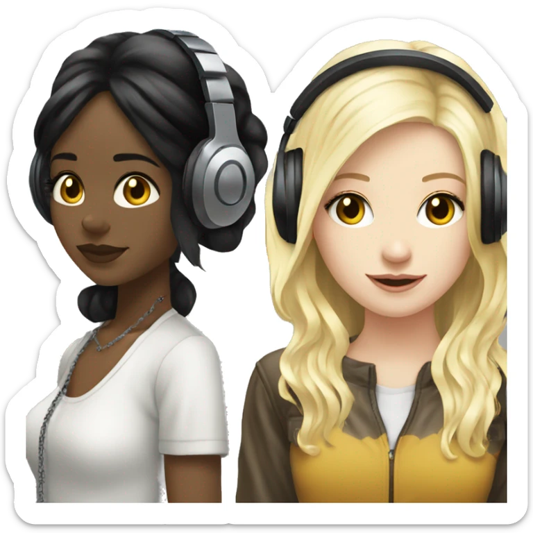 Two pale skin Girls dj with headphones one black hair one blonde hair  sticker