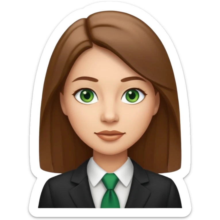 Adult woman avatar, light skin tone, oval face, straight long brown hair, green eyes, neutral mouth, business  sticker