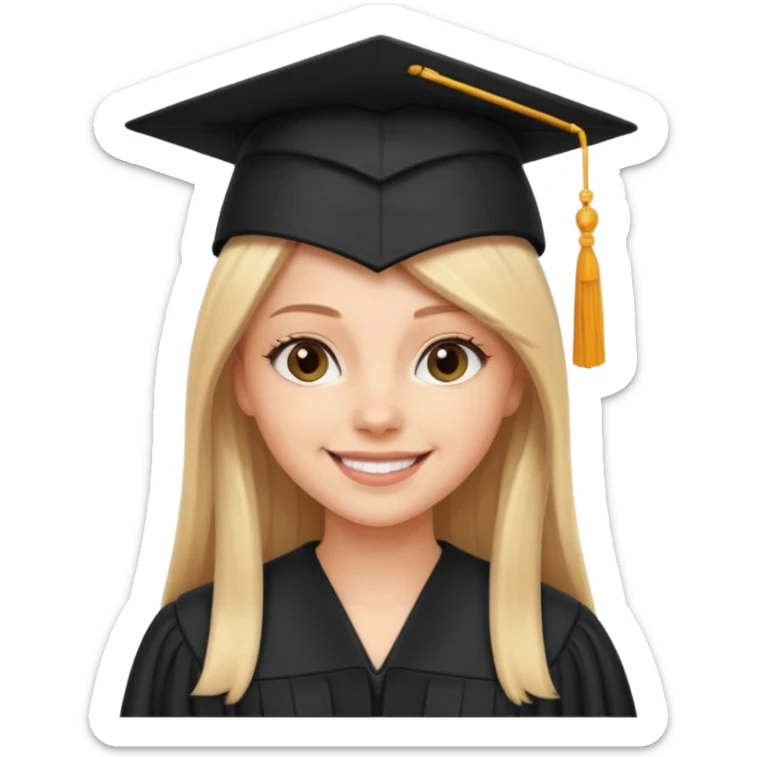 white girl with straight hair, wearing black graduation cap and gown, smiling sticker