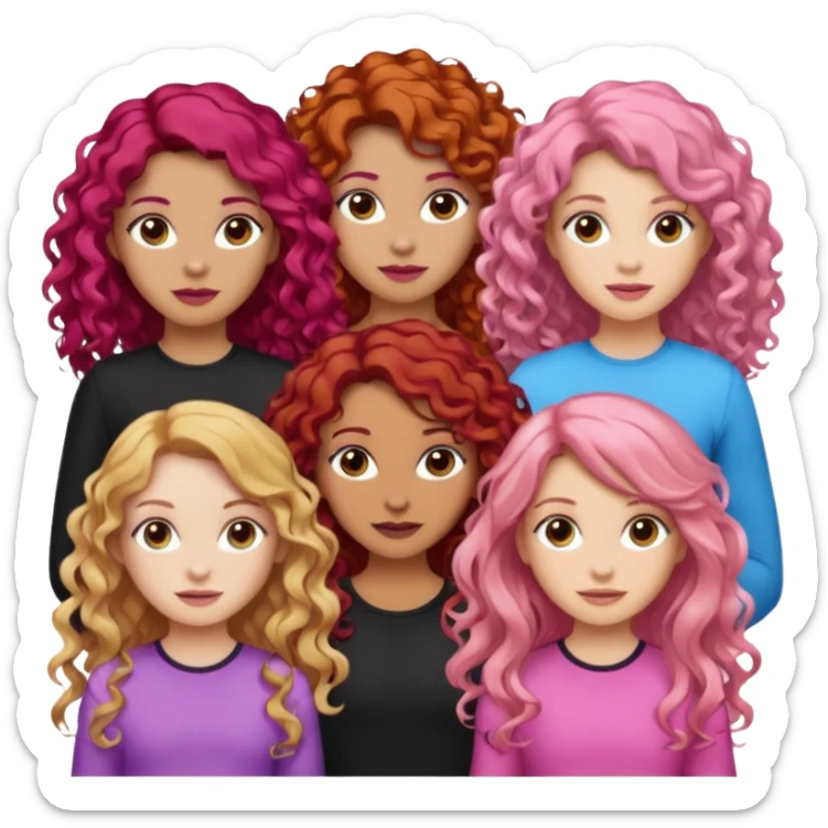 5 girls  curly redhead, one with brunette dyed blonde hair, one long haired wavy brunette, one mid-length haired brunette, and one black haired girl with partially dyed bright red/pink hair sticker