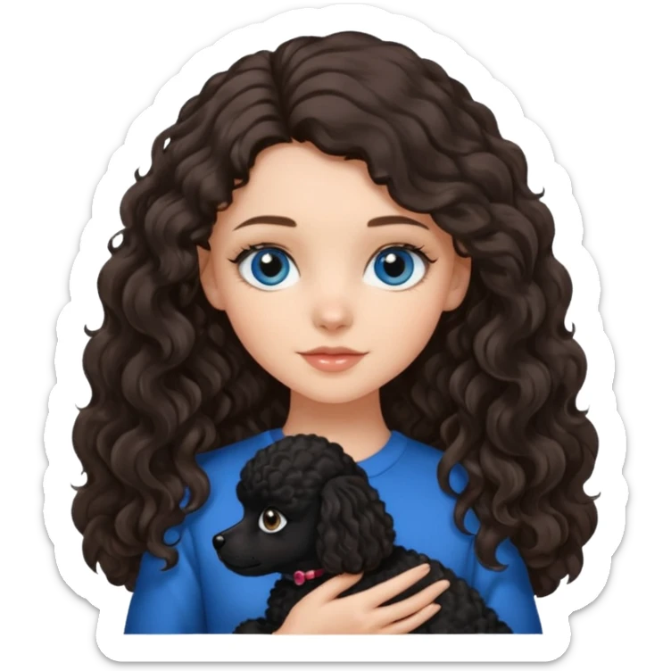 Brunette girl with long wavy hair and blue eyes holding one black puppy poodle with black fur and brown eyes. No decoration on the dog.  sticker