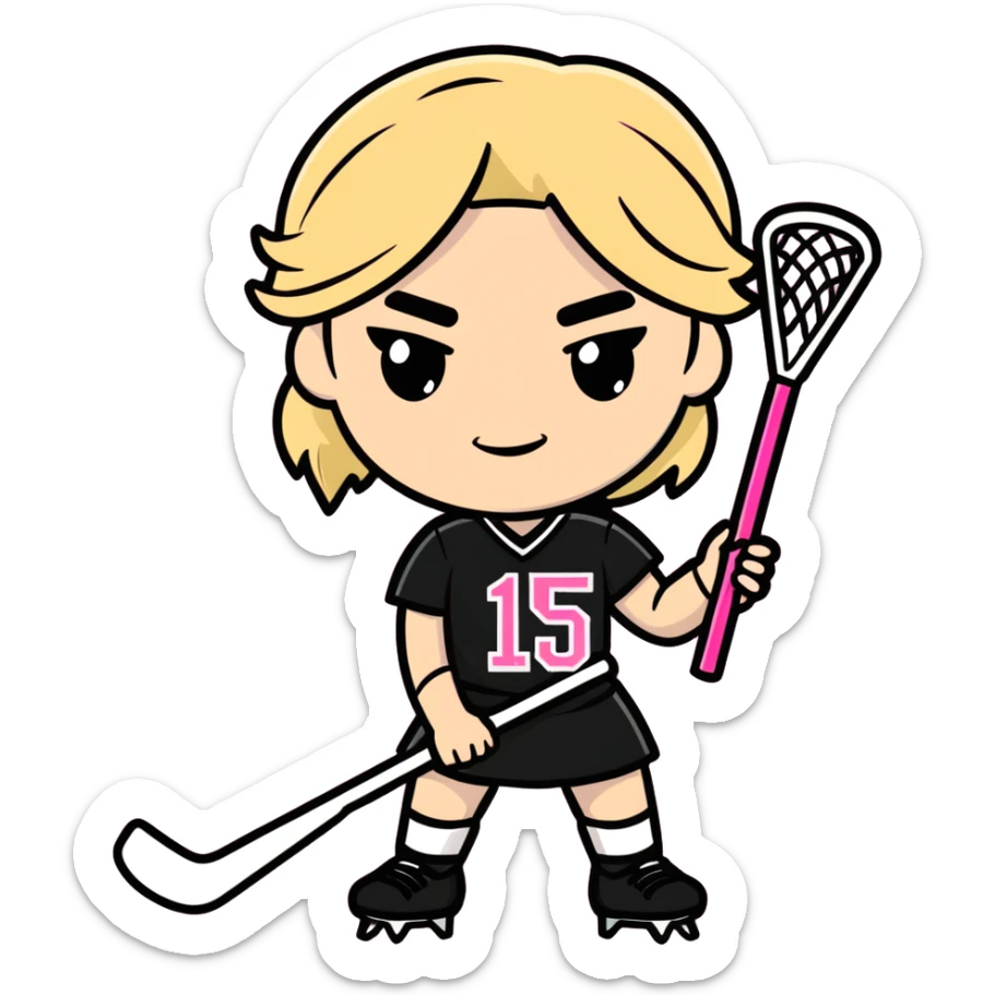 Women lacrosse player with a pink stick and all black uniform and dirty blonde hair cool and athletic number 15 with cool eye black very lacrosse  sticker