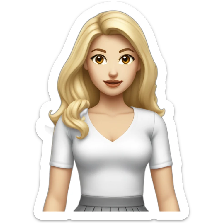 hyperrealist caucasian long blonde brown eyes woman white top gray mini tight skirt black high heels sticker