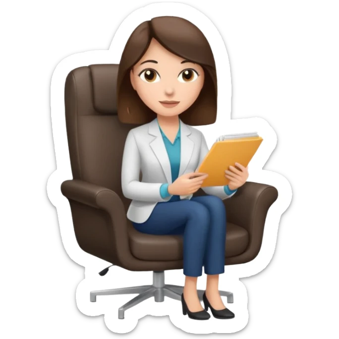 female therapist, brunette, brown eyes, light skin, sitting in a modern chair with notes sticker
