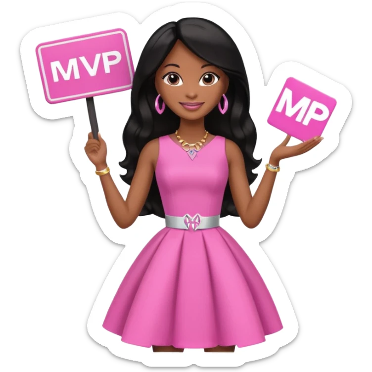Black barbie, long black  hair, pink dress holding mvp sign  sticker