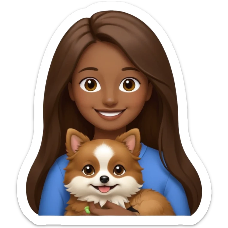 Create a high-quality emoji illustration of a woman with long brown hair, smiling, holding a small Pomeranian dog. The dog’s face is mostly black with a white line centered from the nose to the mouth. Minimalist emoji style, smooth lines, bright but natural colors.” sticker