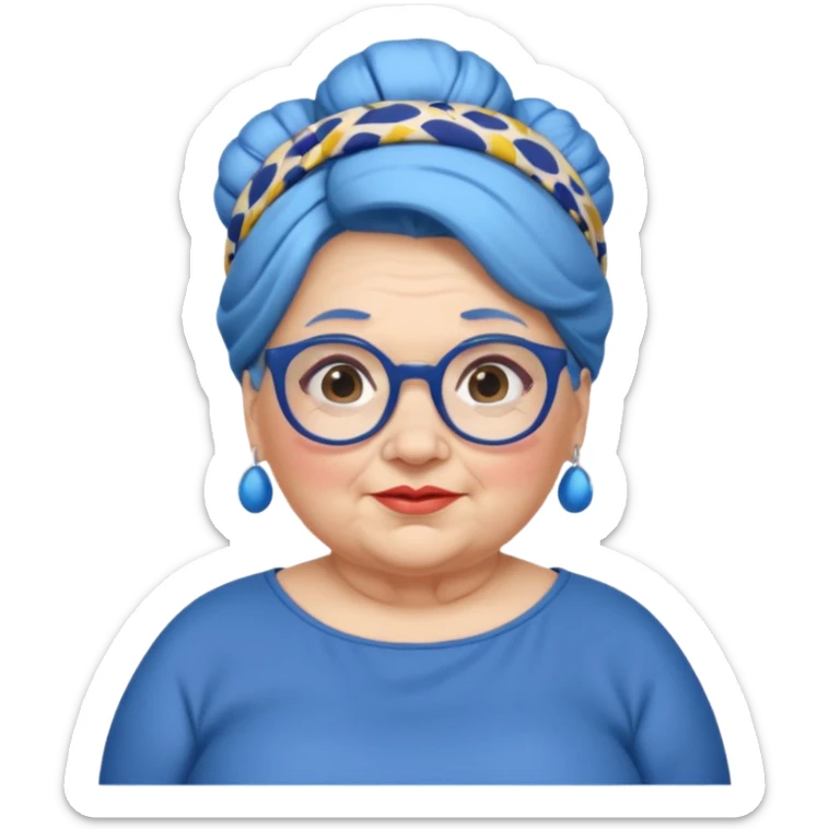 fat old woman with blue big bun hair and glassess and headband sticker