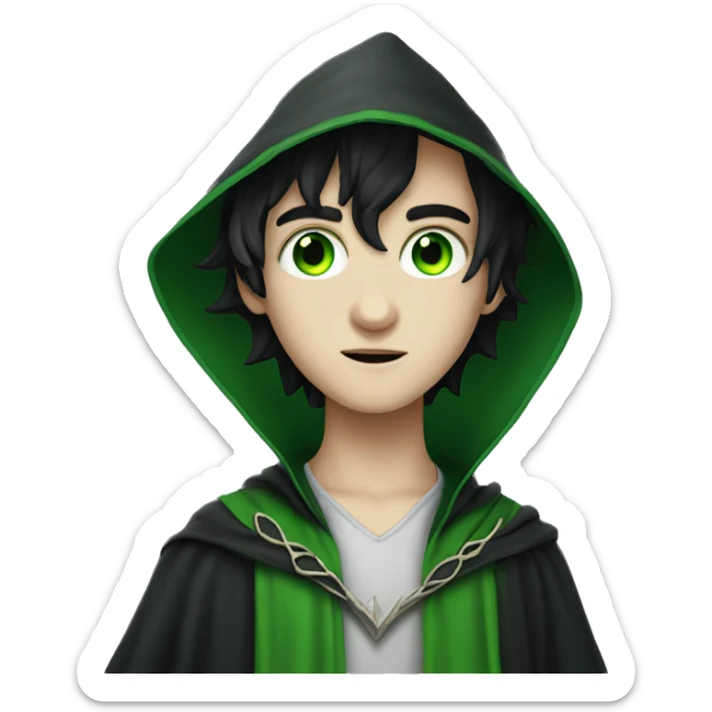 teenage white-skinned wizard with black hair green eyes in green disgue sticker