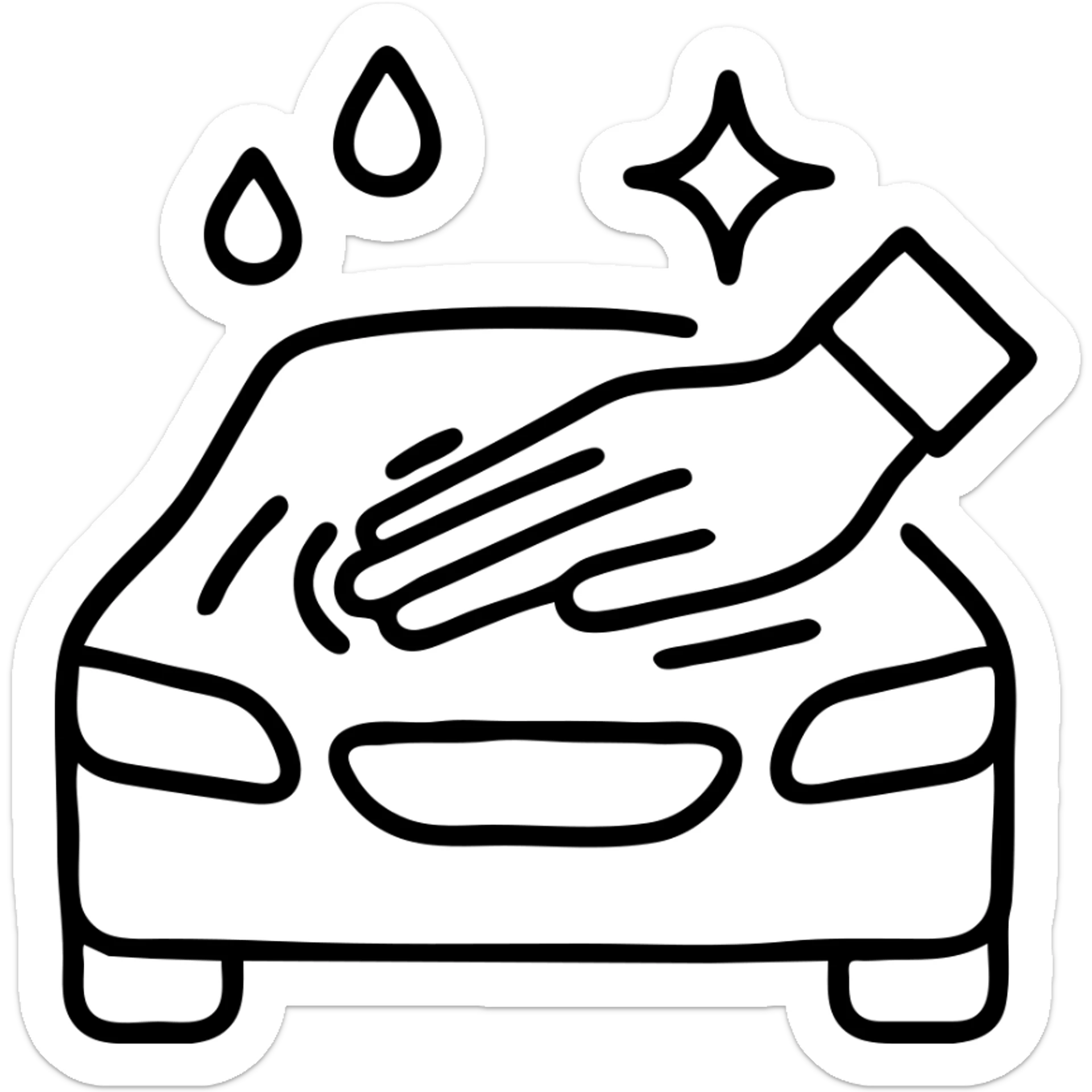 outlined icon of a premium car hood with an elegant hand wearing a white glove, water drops and shine, black and silver, smooth motion lines, modern and clean sticker