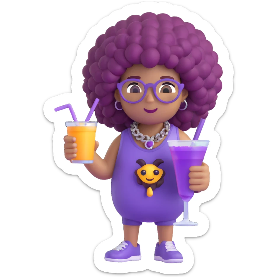 3D emoji of a cool character with a big curly afro, iced-out 'samu' chain, holding a purple drink and a joint sticker
