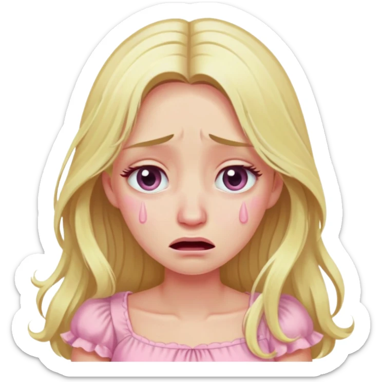 blonde with long hair and swamp eyes in a pink pastel dress, cry sticker