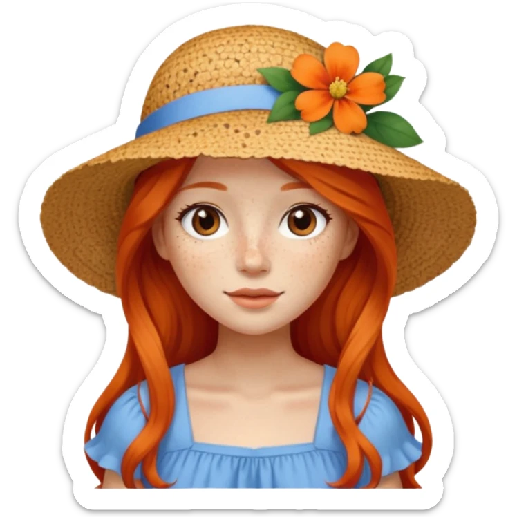 girl, freckles, wearing_summer_hat, white flower on hat, red orrange long hair, blue dress sticker