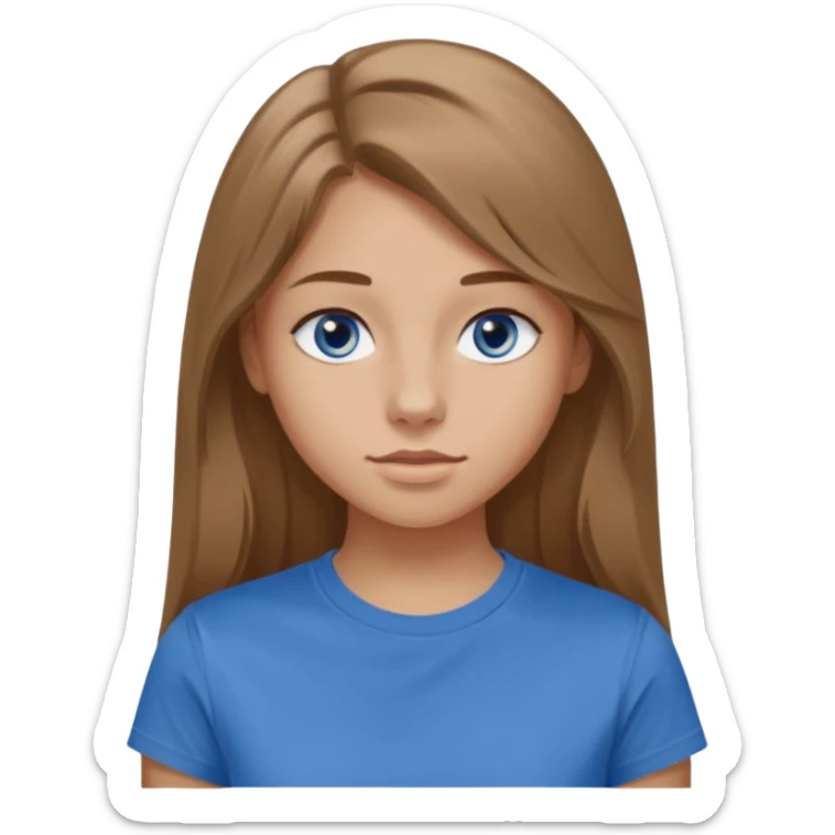 A 16-year-old girl with long, light brown hair and blue eyes. She also has slightly tanned skin, a small nose, and average-sized lips (though her lower lip is slightly larger than her upper lip). She's wearing a taupe T-shirt with a round neck.  sticker
