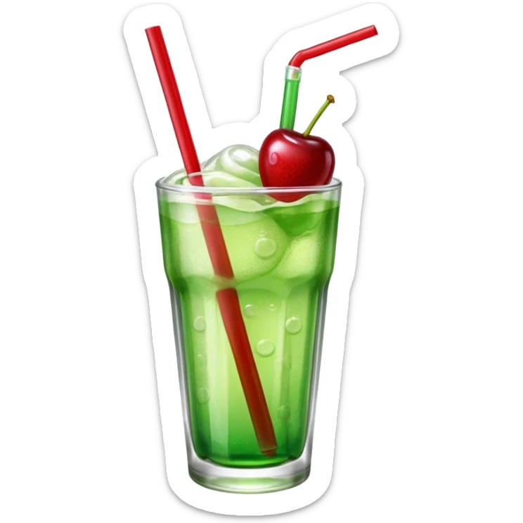 Create an emoji with a clear rounded glass, bright transparent green soda with fine bubbles, a smooth vanilla scoop, a glossy red cherry, and a red straw, using vibrant colors, soft shading, and clear glass highlights.
 sticker