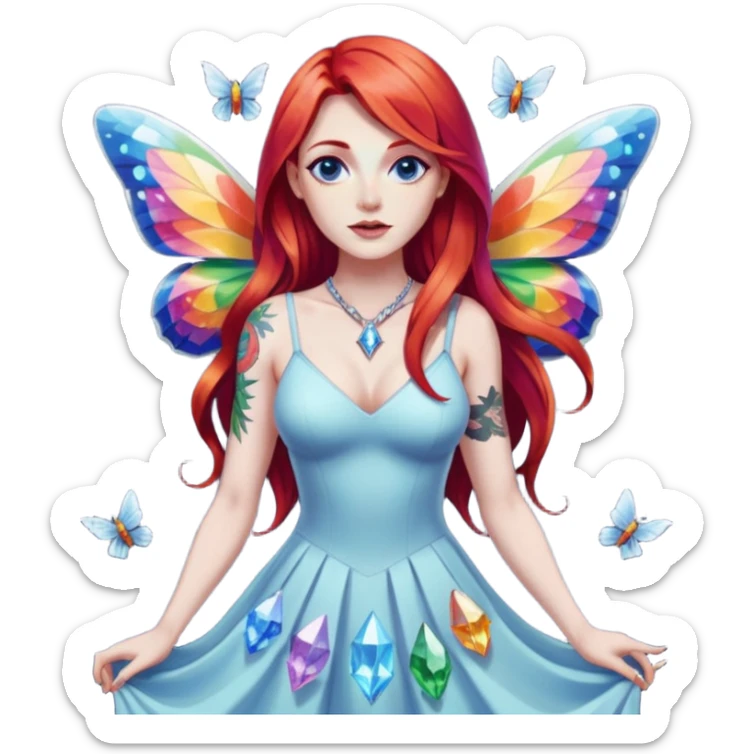 woman-long-red-hair-blue-eyes-white-skin-tattoos-big-breast-wearing-rainbow-crystal-shard-dress,-moths-orbiting,-flirty-contrapposto-pose sticker