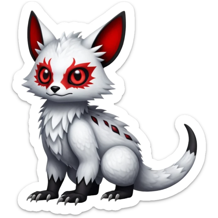 a white exotic edgy vernid-fionbr-Fakémon-creature, with black belly and red eyes, full body sticker