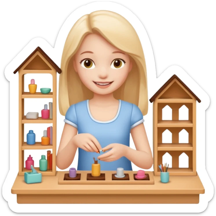 smiling girl arranging furniture in doll house sticker