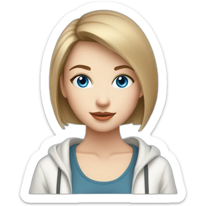 beautiful girl with computer,blue eyes,beautiful girl with short hair with computer,blue eyes,white skin, makeup, hoodie,short light-brown hair,code in background sticker
