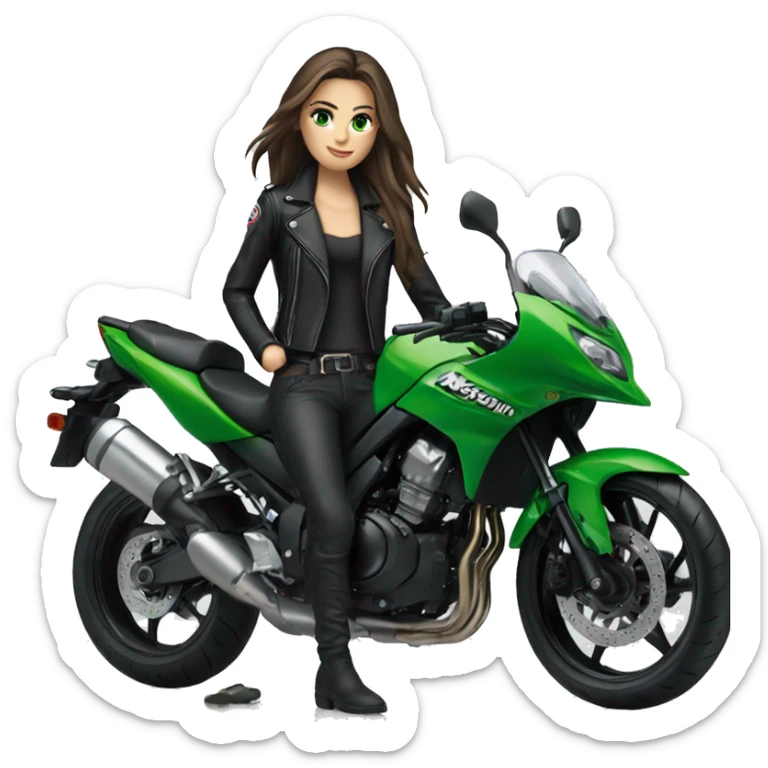 Brunette Girl with Green eyes, Long hair, wearing a black leather jacket is sitting next to a Kawasaki motorbike sticker