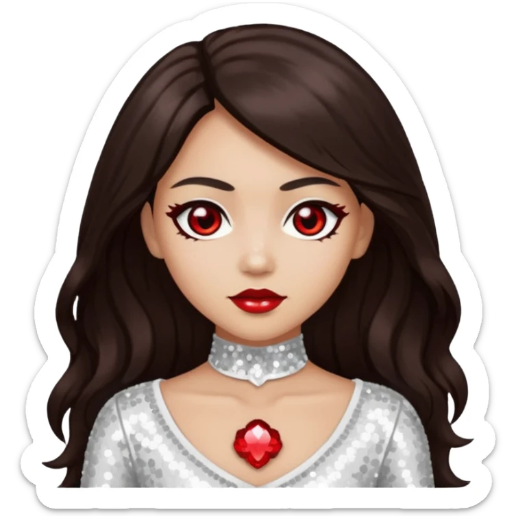 Bloody Mary with light skin, long dark brown hair, red eye, white sequin outfit sticker