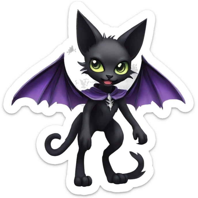   cool edgy beautiful anime-style ethereal dark-punk-themed animal vampiric cat-hybrid Fakemon with big fangs and bat-wing-ears with a cape full body sticker