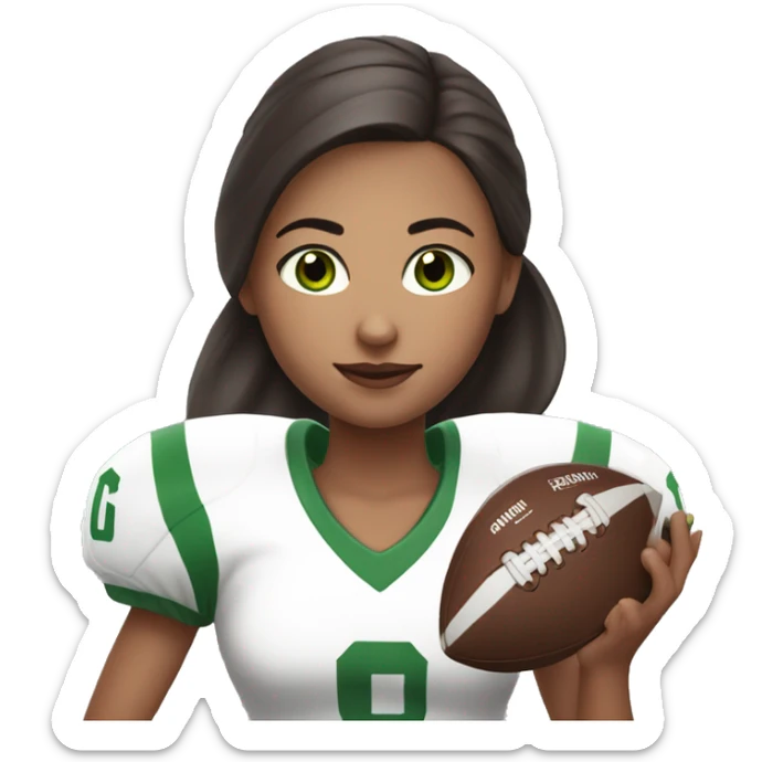 white girl with long, dark brown hair in ponytail, green eyes, wearing  football jersey and holding a football.   sticker